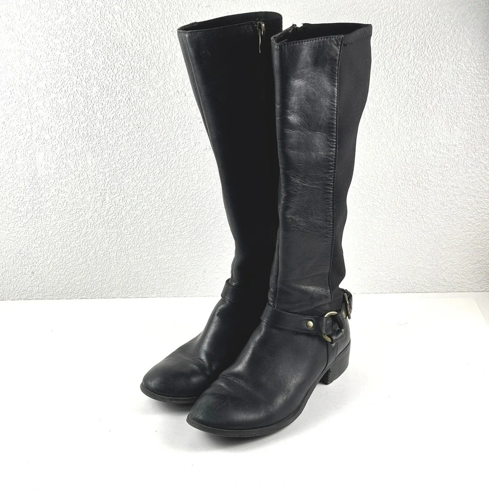 14th & Union Riding Boots Women 6.5 Black Leather Stretch Harness Moto Streewear